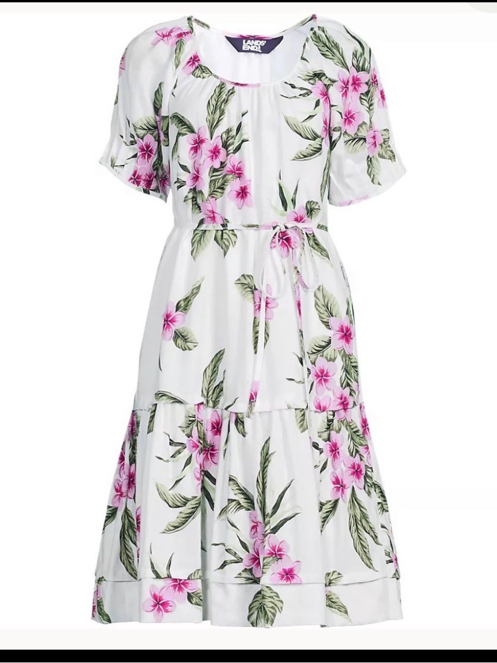 Lands' End Linen Dress Womens M/P 10-12 Floral Puff Short Sleeves Belted Cottage